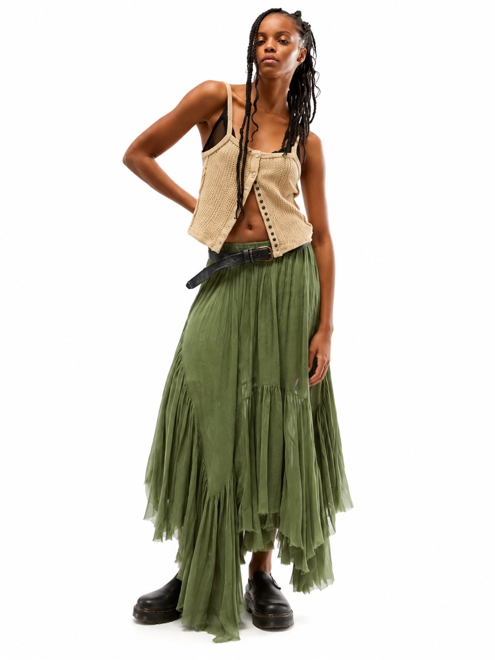Free People One Clover Skirt Green Boho Lagenlook Grunge Fairy XS sage